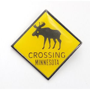 Moose Crossing Minnesota Warning Sign Animal Yellow Brown Lapel Pin Souvenir